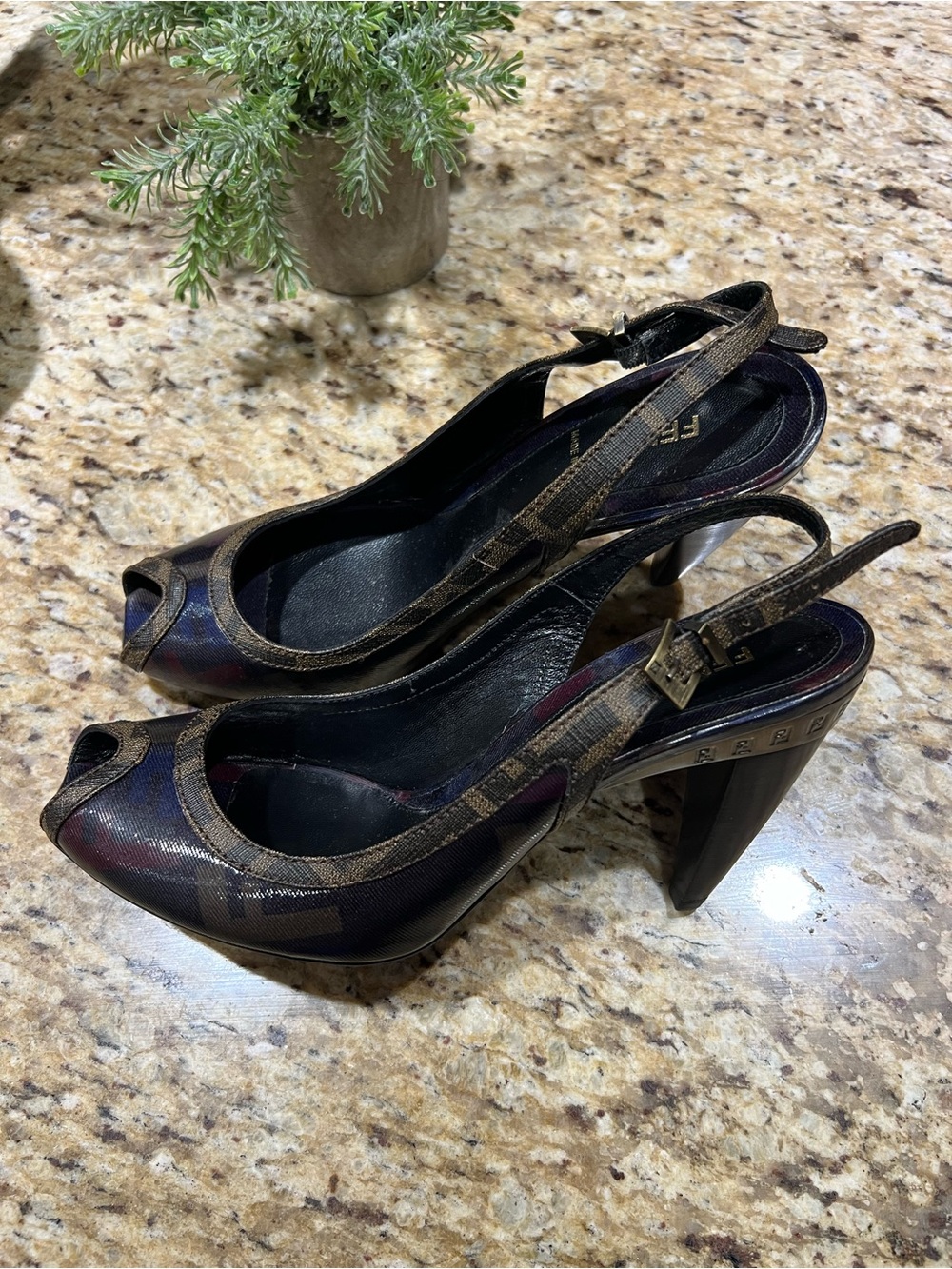 FENDI Black/Brown Logo Slingback Monogram Peep-Toe Heels 40